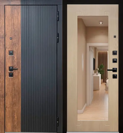 Металлическая дверь STR Шторм зеркало Престиж лиственица