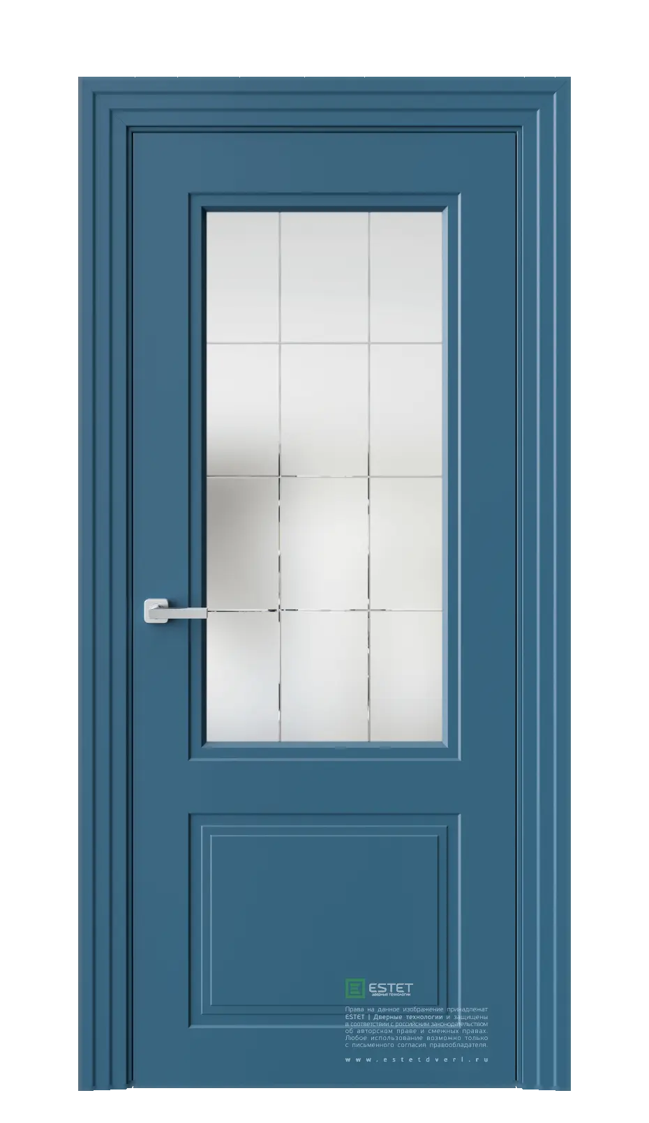 Межкомнатная дверь N4 RAL5009 Синий Сатинат белое гравировка