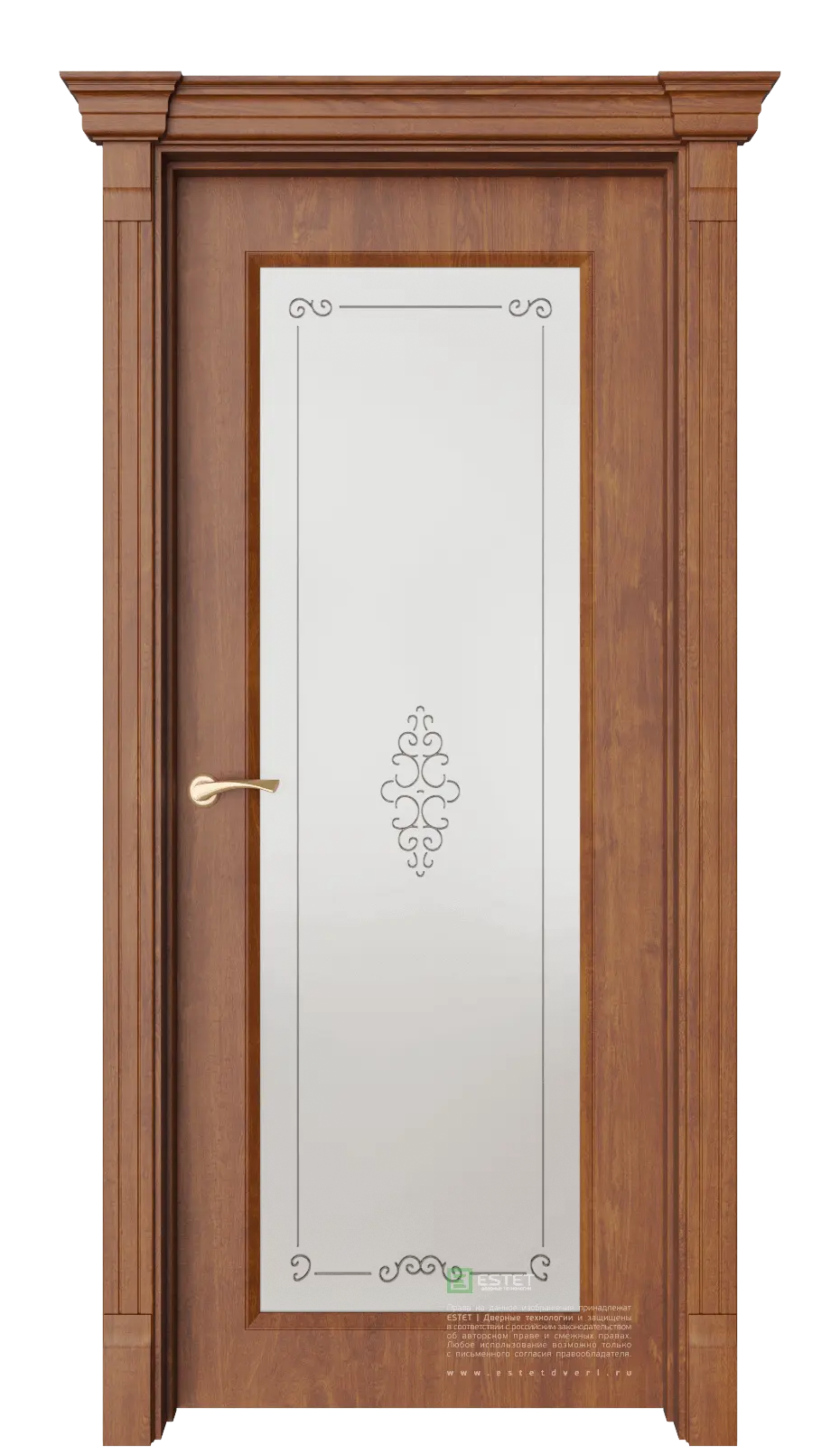 Межкомнатная дверь Монторо-2 Вензель Золотой дуб Коричневый Сатинат белое гравировка