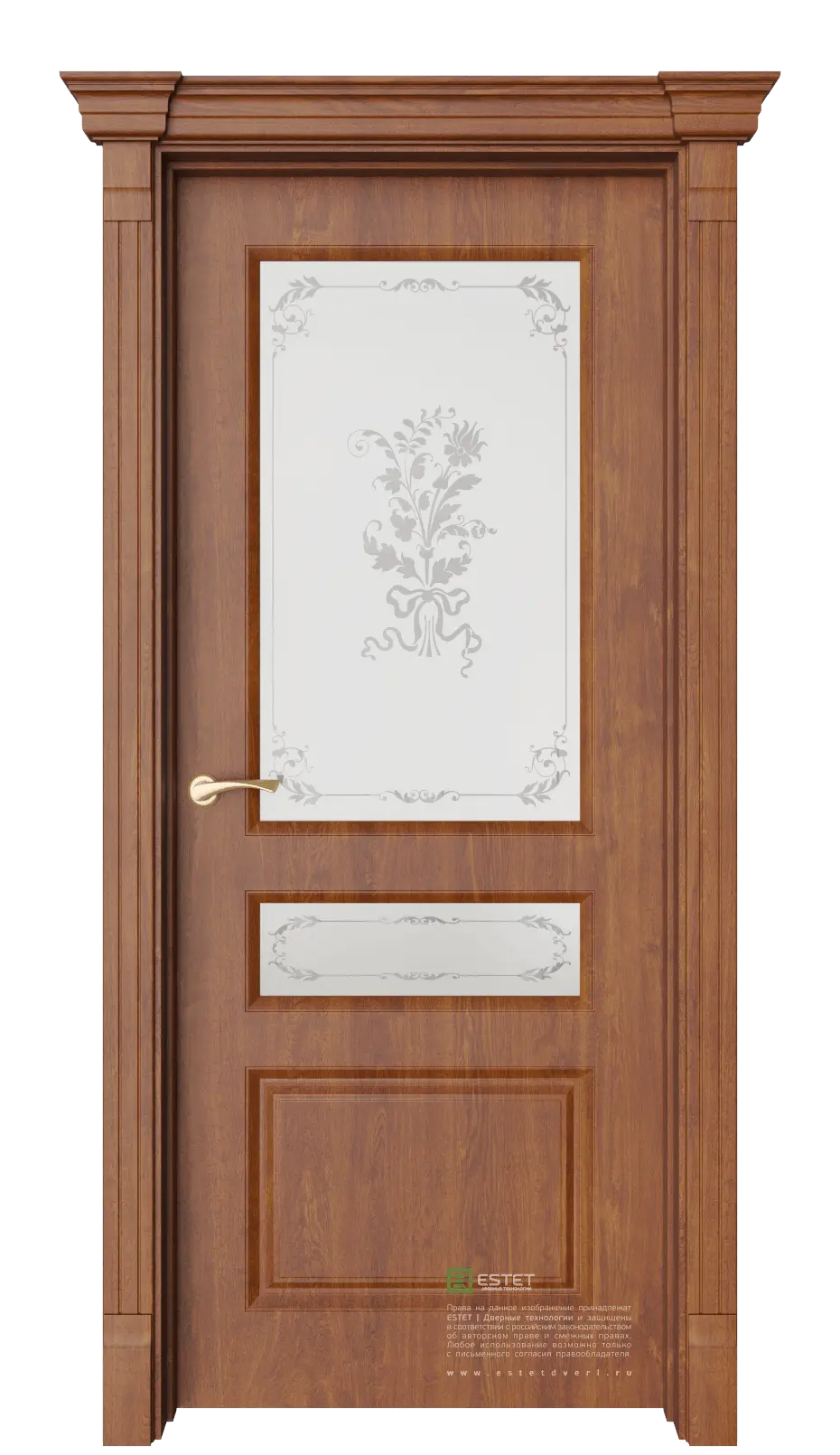 Межкомнатная дверь Мирбо-4 Фрезия Золотой дуб Коричневый Сатинат белое пескоструй