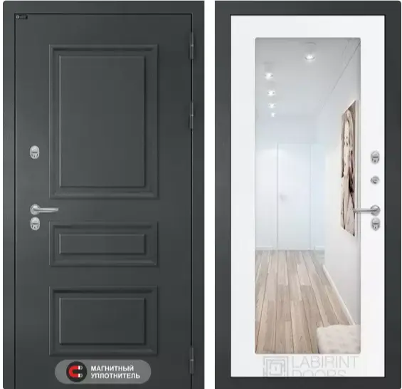 Входная дверь с терморазрывом Лабиринт Атлантик лайт панель 18 белое дерево зеркало