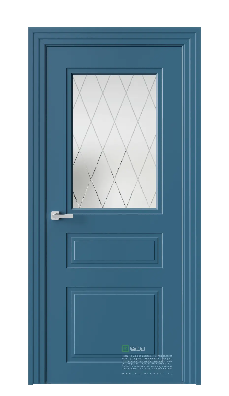 Межкомнатная дверь N12 RAL5009 Синий Сатинат белое гравировка