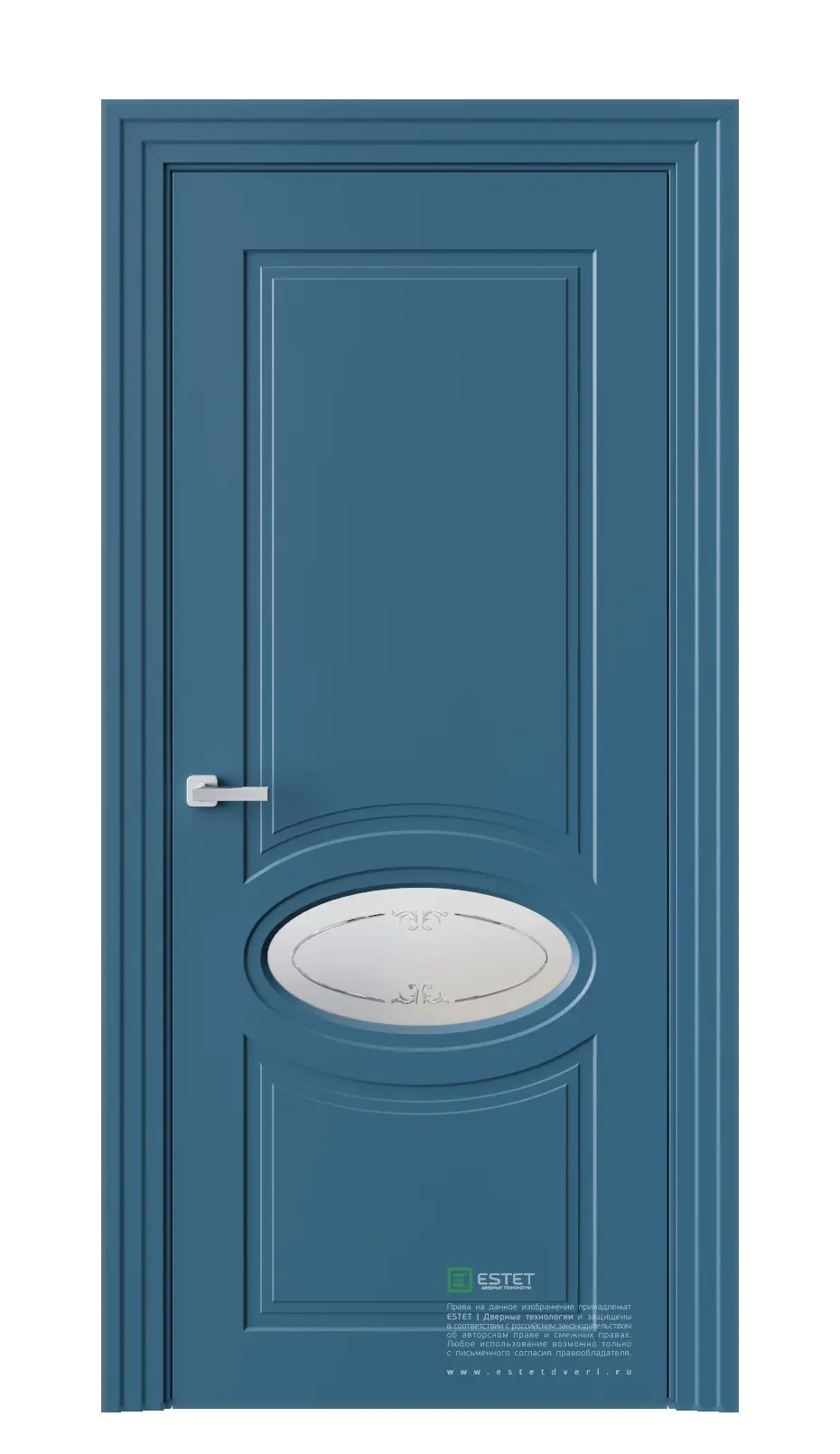 Межкомнатная дверь N38 RAL5009 Синий Сатинат белое витраж прозрачный