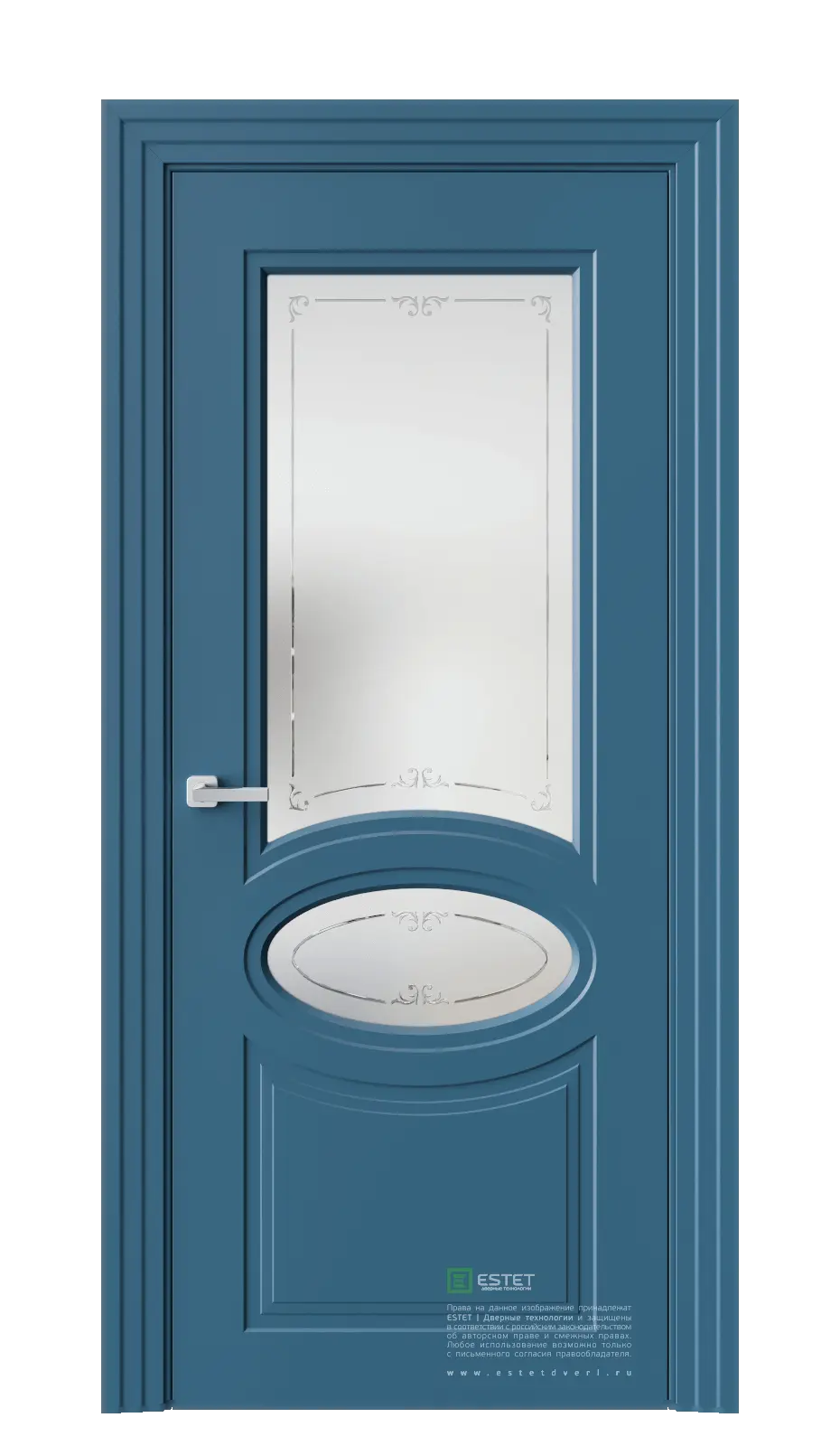 Межкомнатная дверь N40 RAL5009 Синий Сатинат белое витраж прозрачный