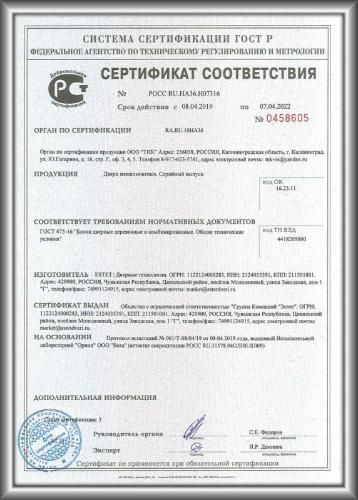 Двери Эстет. Сертификат соответствия