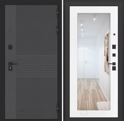 Входная дверь с шумоизоляцией Лабиринт Бункер 05 зеркало 18 белое дерево