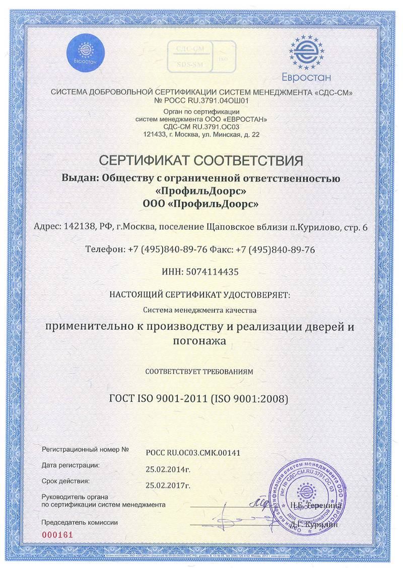 ПрофильДоорс. Сертификат соответствия